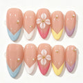 Colorful V-Tip French Floral Almond Press-On Nails
