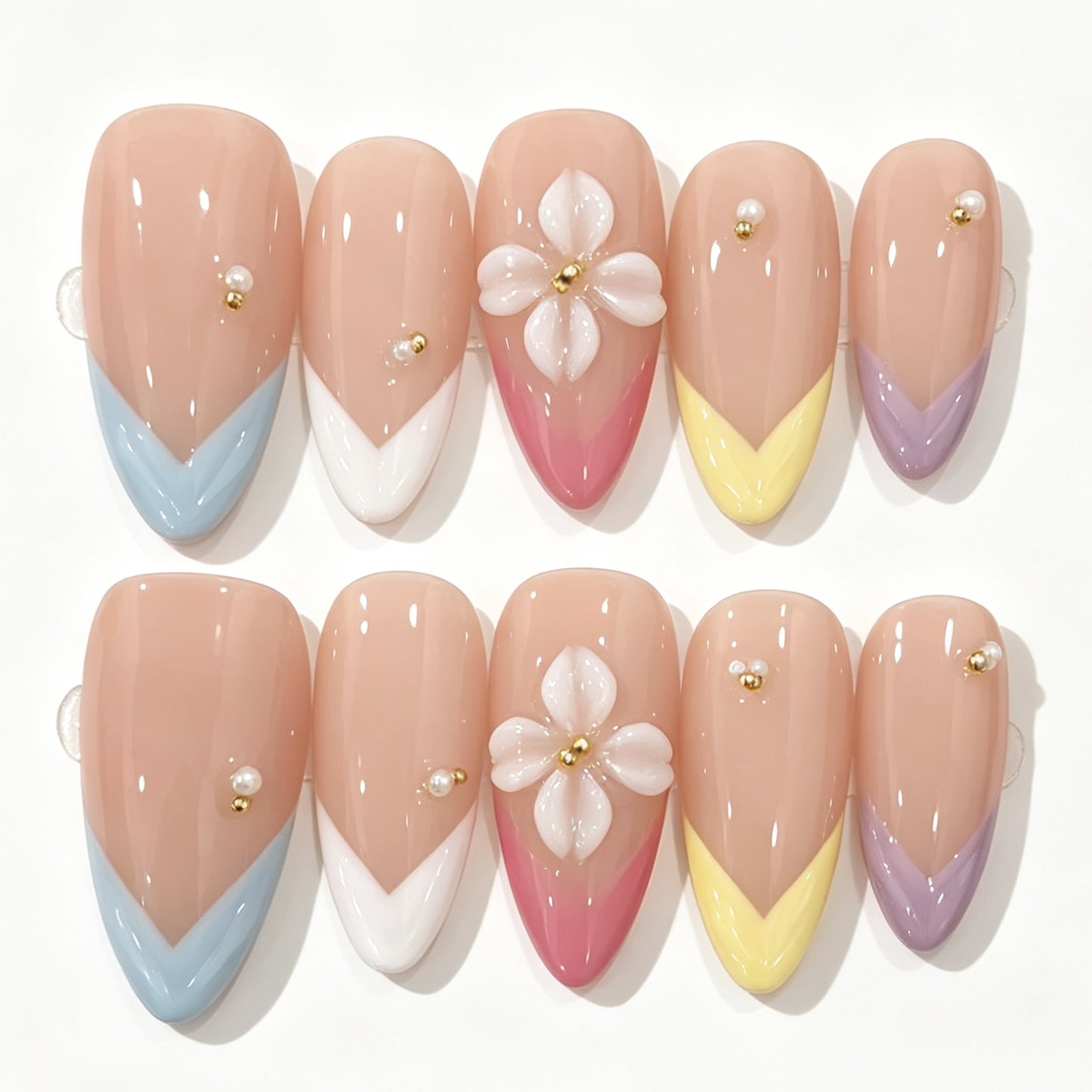 Colorful V-Tip French Floral Almond Press-On Nails