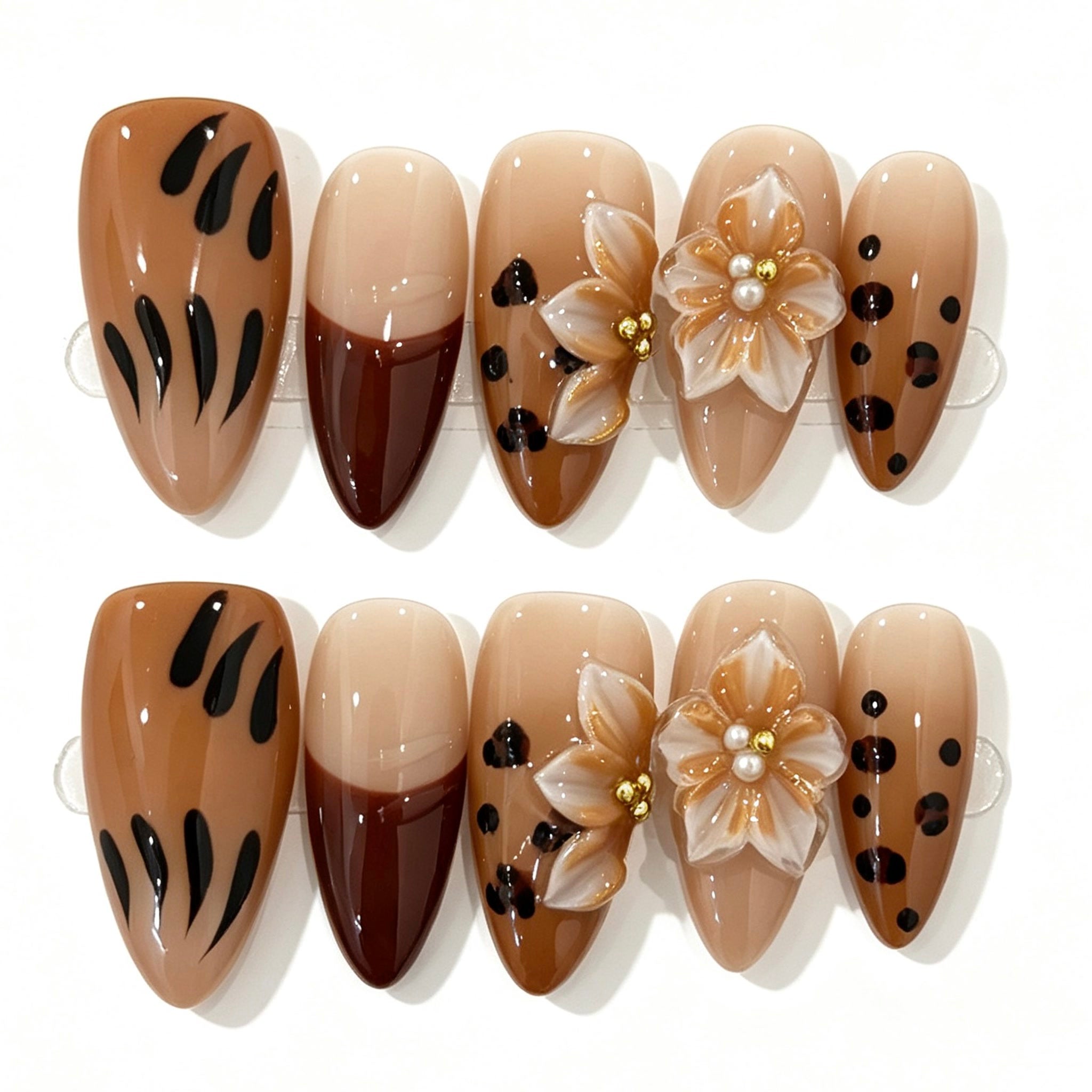 Leopard Print 3D Flower Almond Press-On Nails