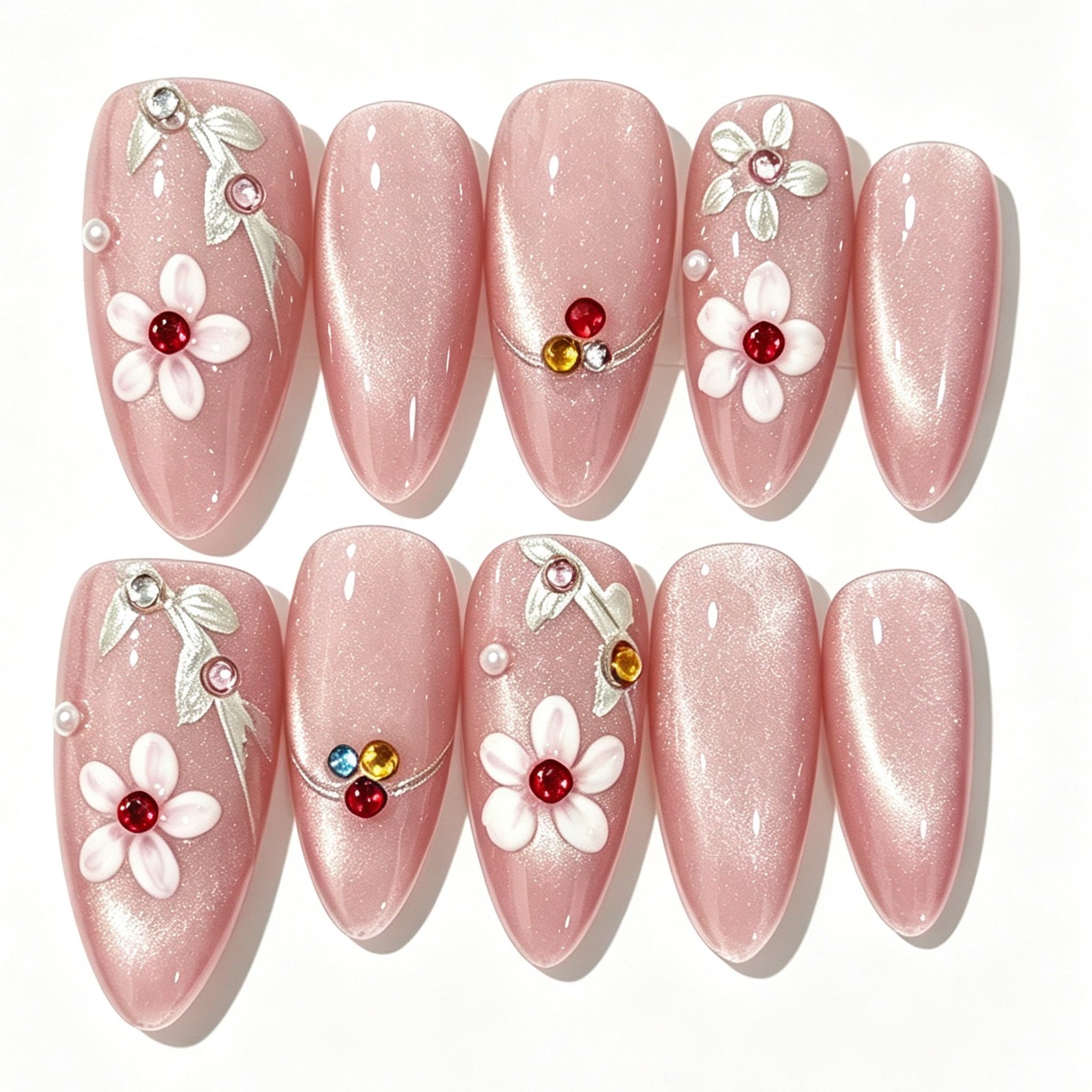 Pink Cat Eye 3D Flower Almond Press-On Nails