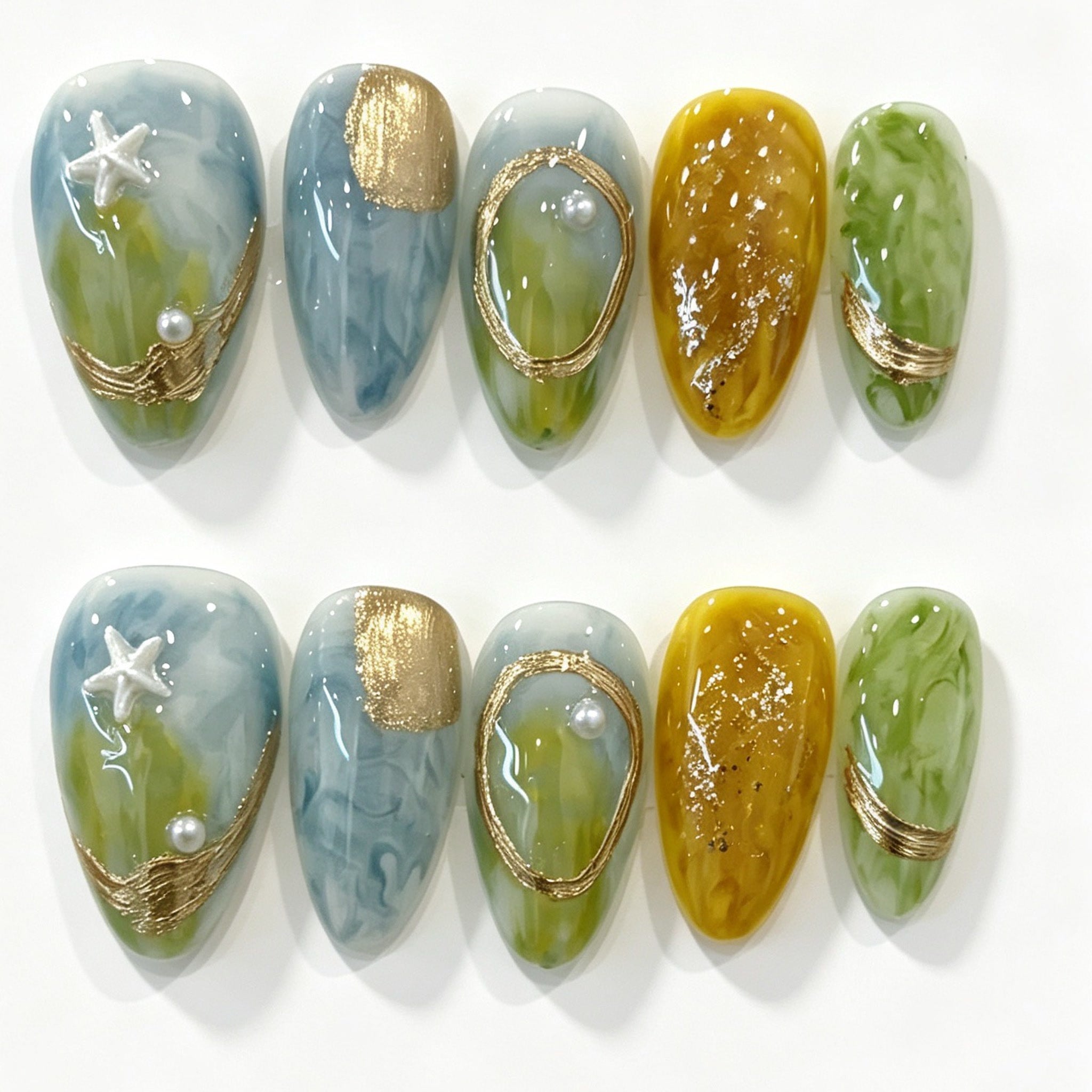 Blue Green Cat Eye Gold Foil Almond Press-On Nails