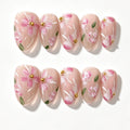 Nude Pink Peach Flower Pearl Almond Press-On Nails