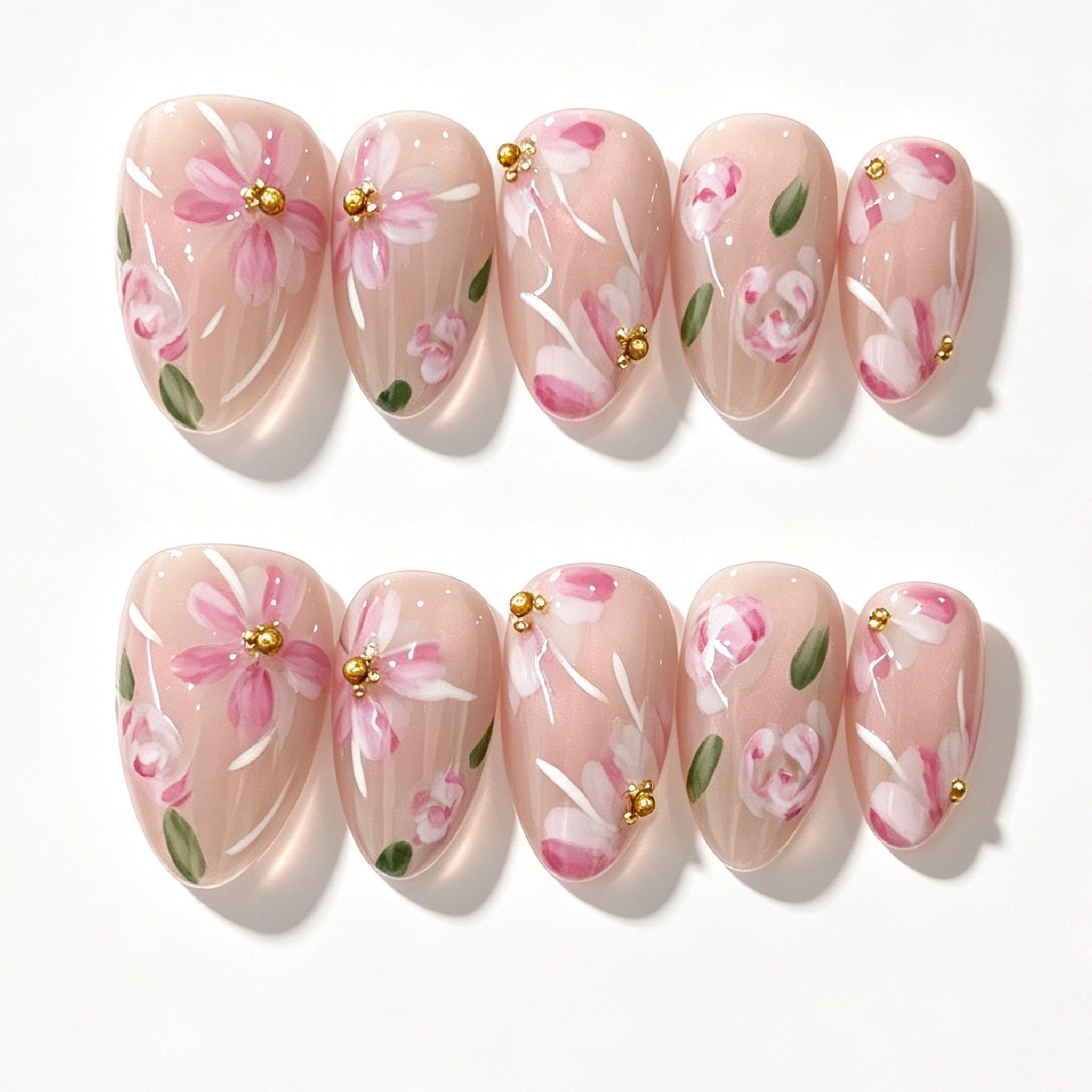 Nude Pink Peach Flower Pearl Almond Press-On Nails