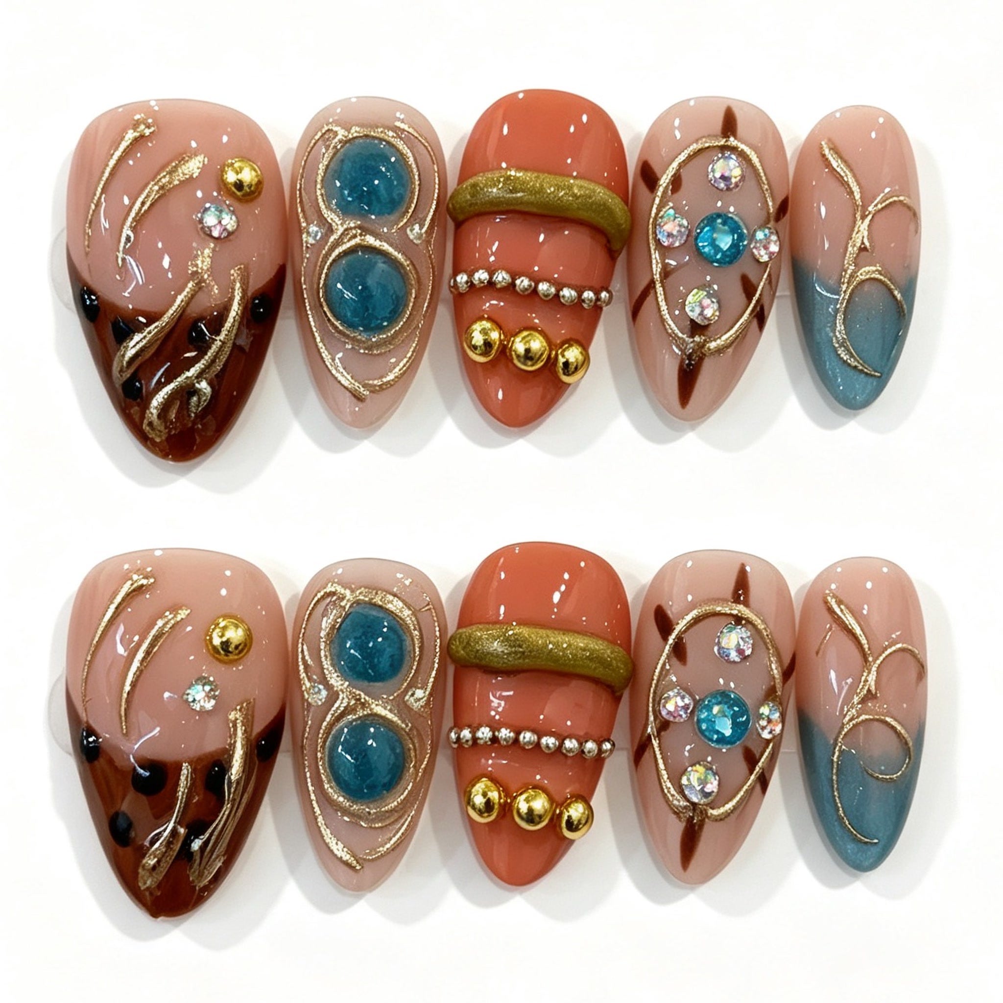 Nude Brown Blue Gem Almond Press-On Nails