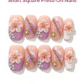 Pink Purple Gradient 3D Flower Short Square Press-On Nails