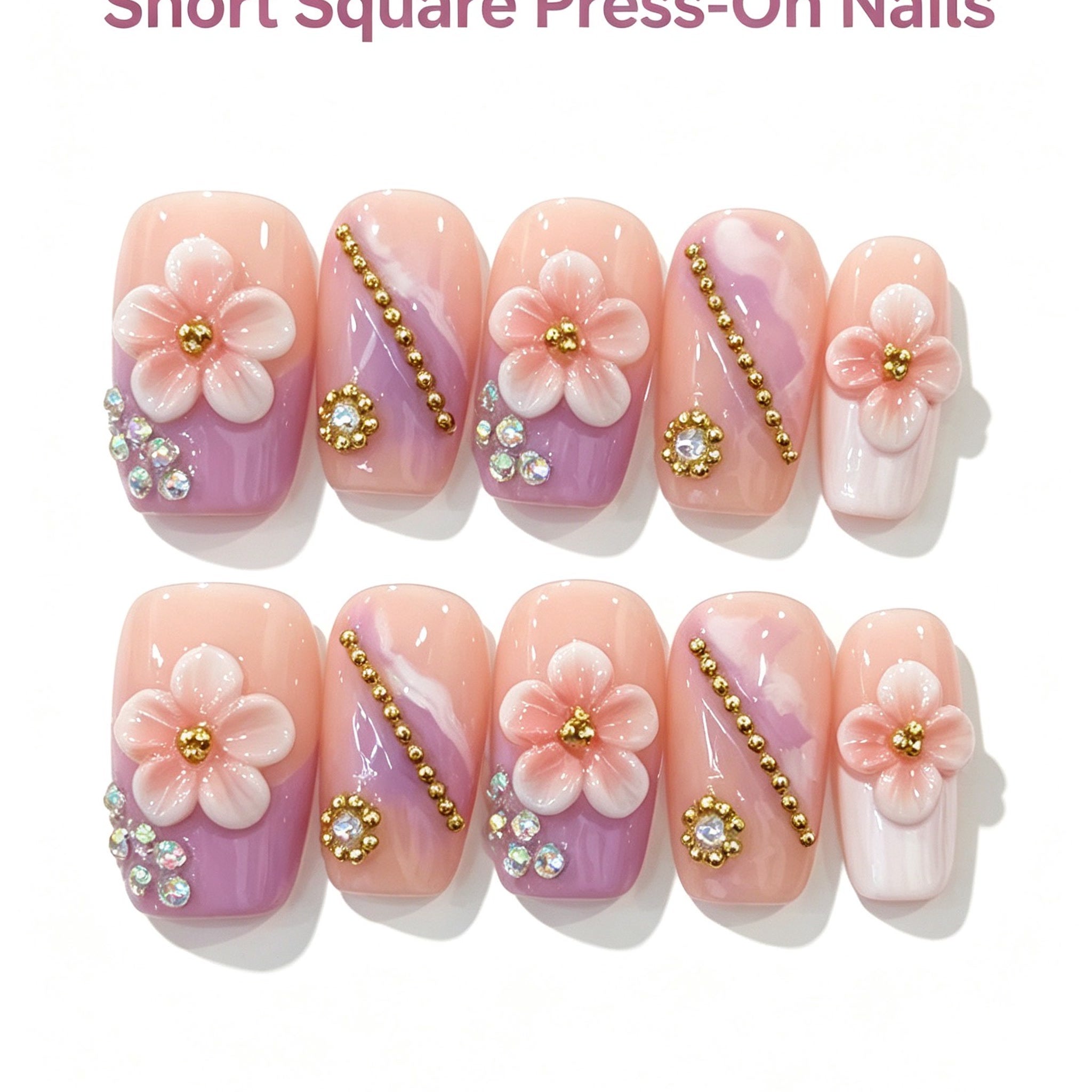 Pink Purple Gradient 3D Flower Short Square Press-On Nails