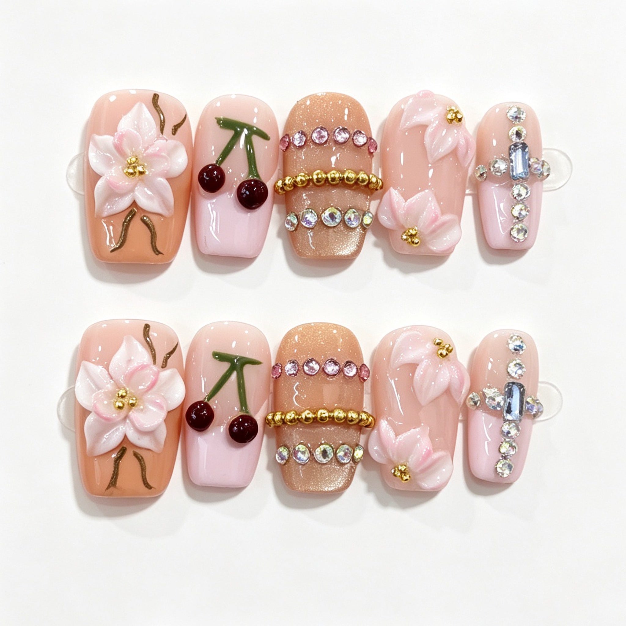 Cherry Charm Gold Chain Short Square Press-On Nails