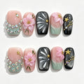 Black Pink Cherry Blossom Short Square Press-On Nails