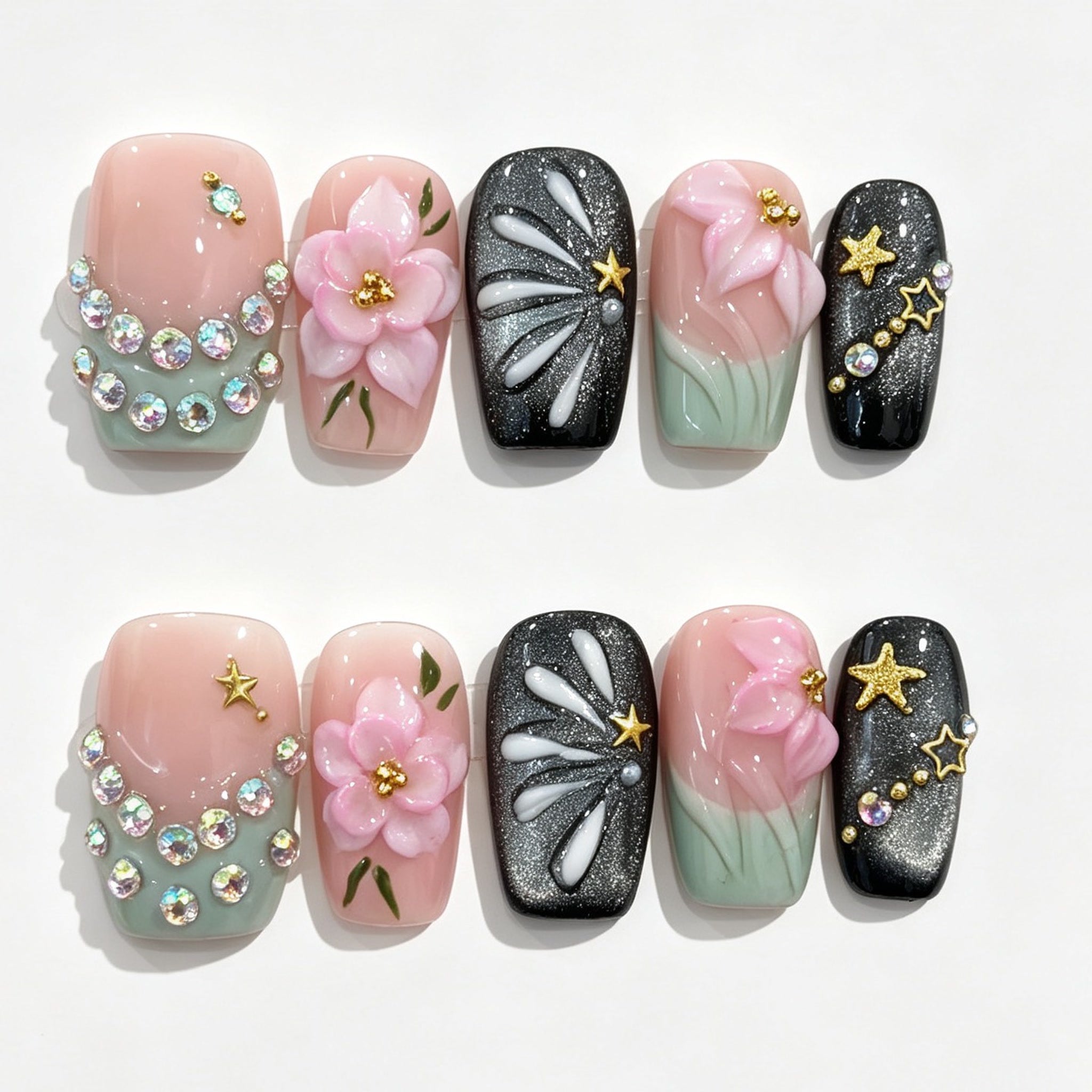 Black Pink Cherry Blossom Short Square Press-On Nails