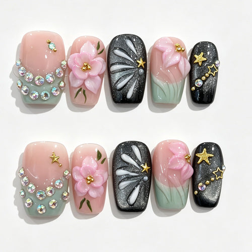 Black Pink Cherry Blossom Short Square Press-On Nails