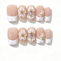 White French Floral Crystal Short Square Press-On Nails