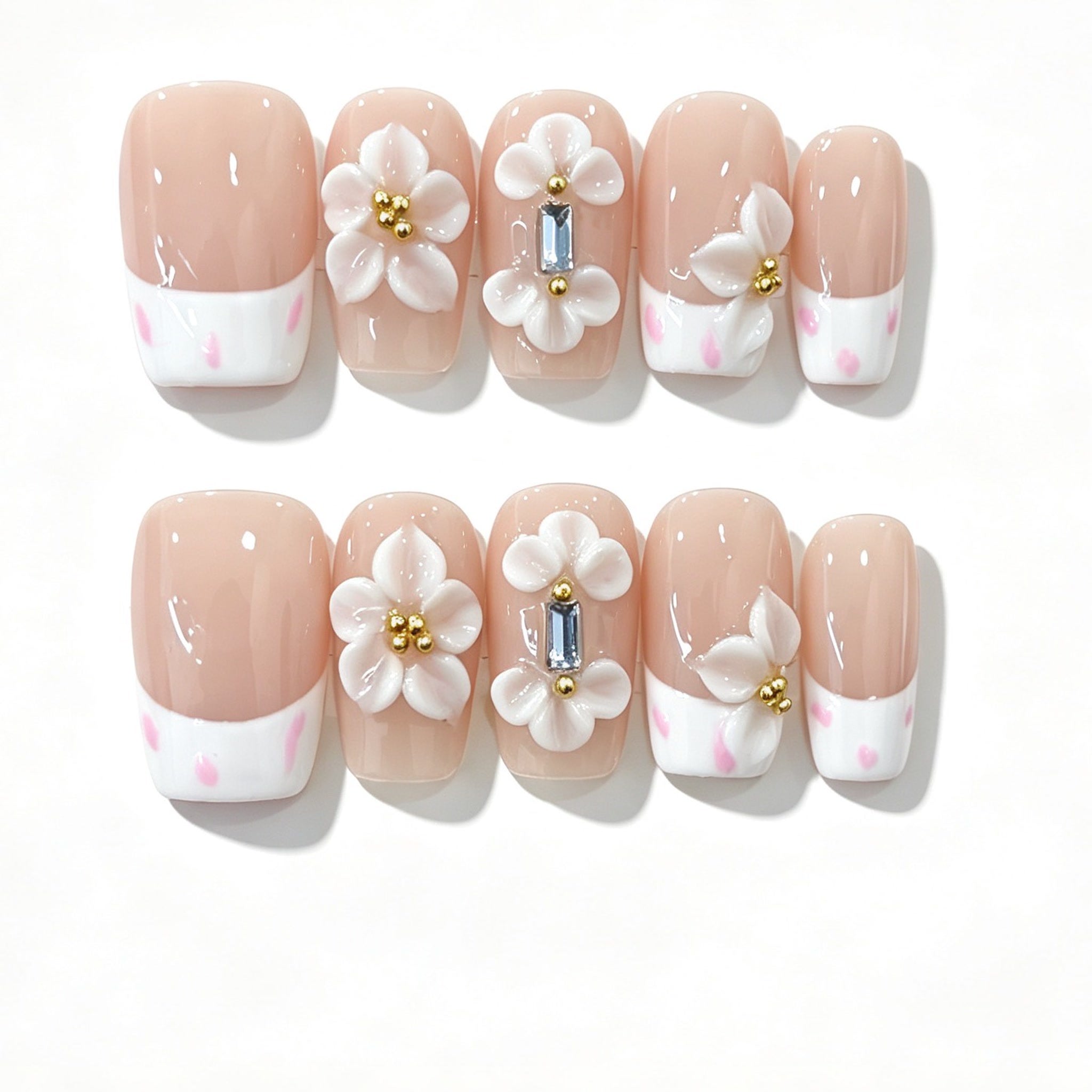 White French Floral Crystal Short Square Press-On Nails