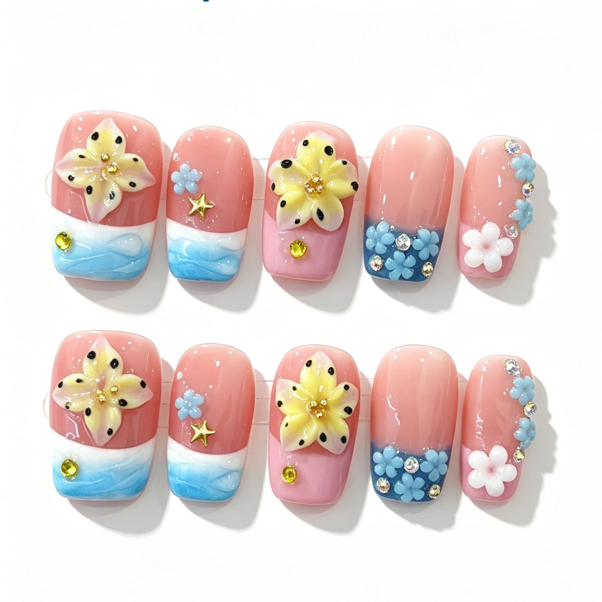 Ocean Wave Yellow Flower Short Square Press-On Nails