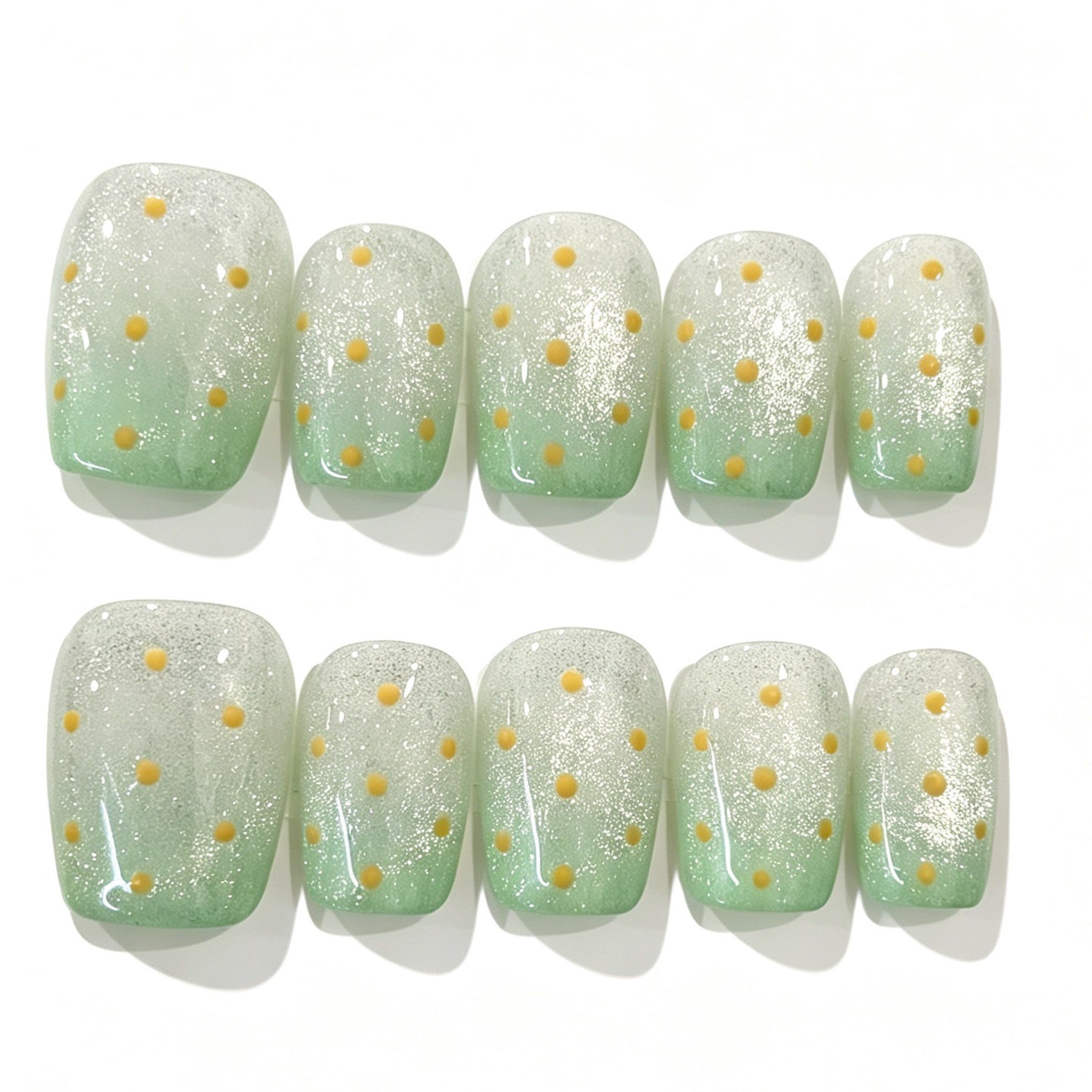 Green Gradient Yellow Polka Dot Short Square Press-On Nails