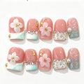 Pink White Flower Pearl Cat Eye Short Square Press-On Nails
