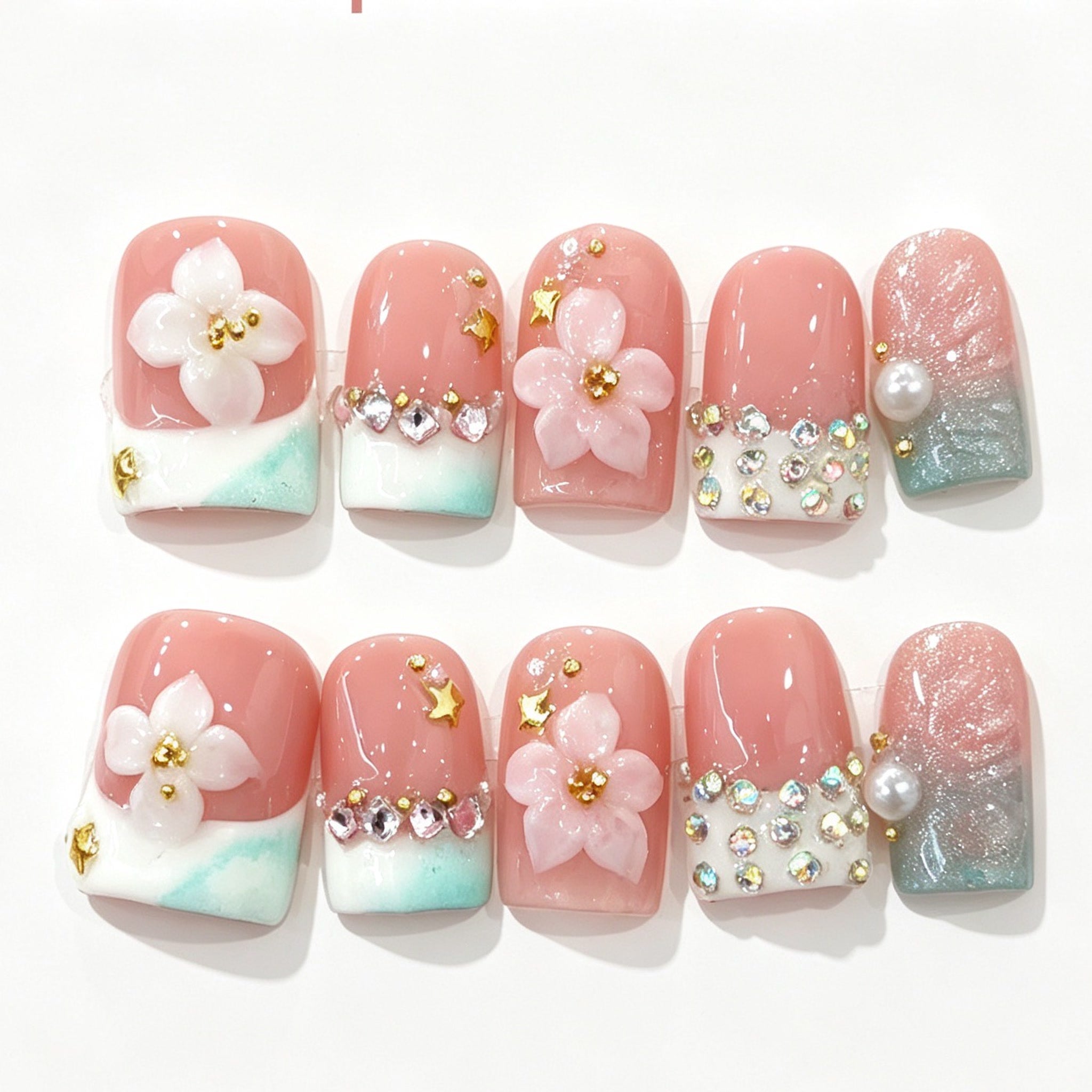 Pink White Flower Pearl Cat Eye Short Square Press-On Nails