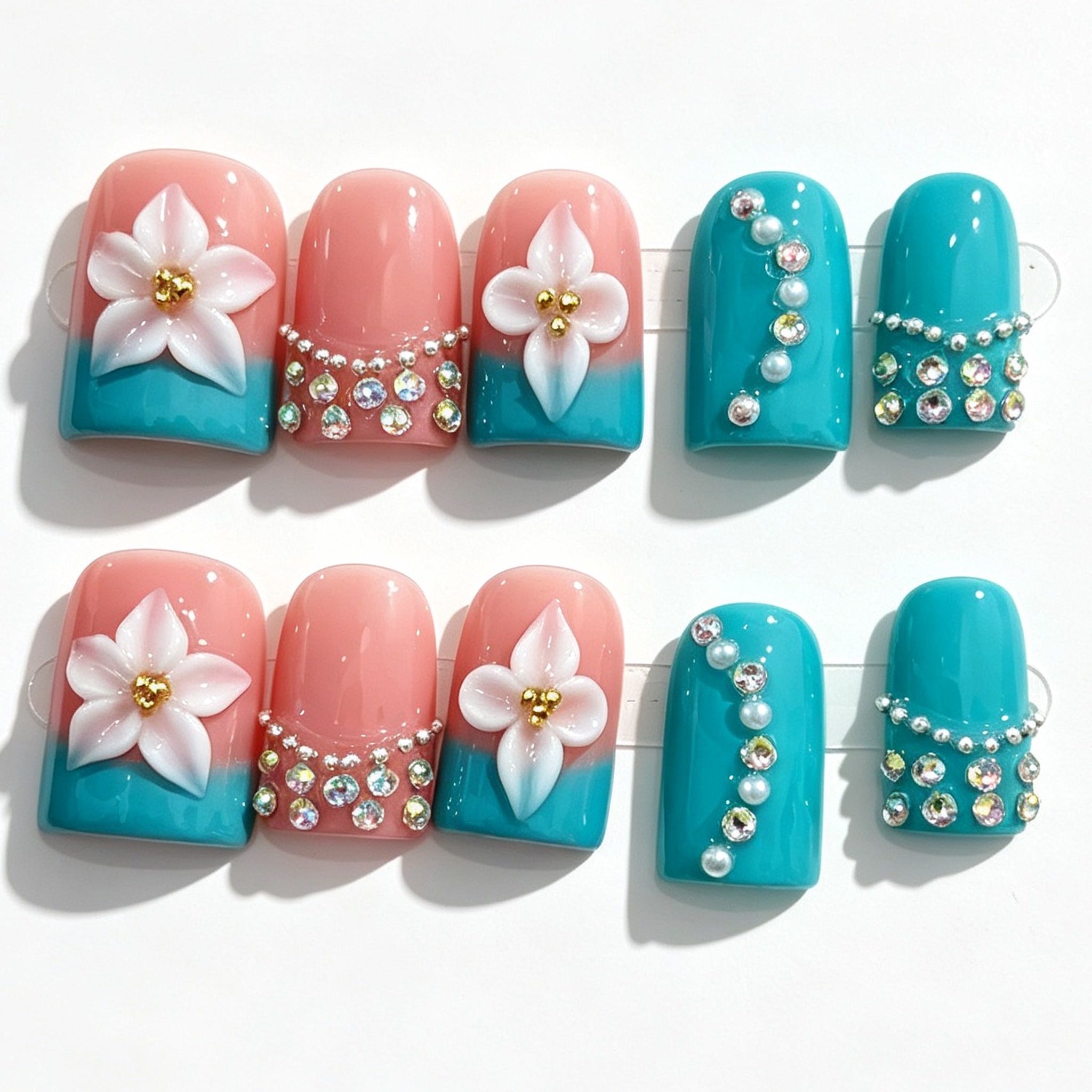 Teal Green White Flower Short Square Press-On Nails