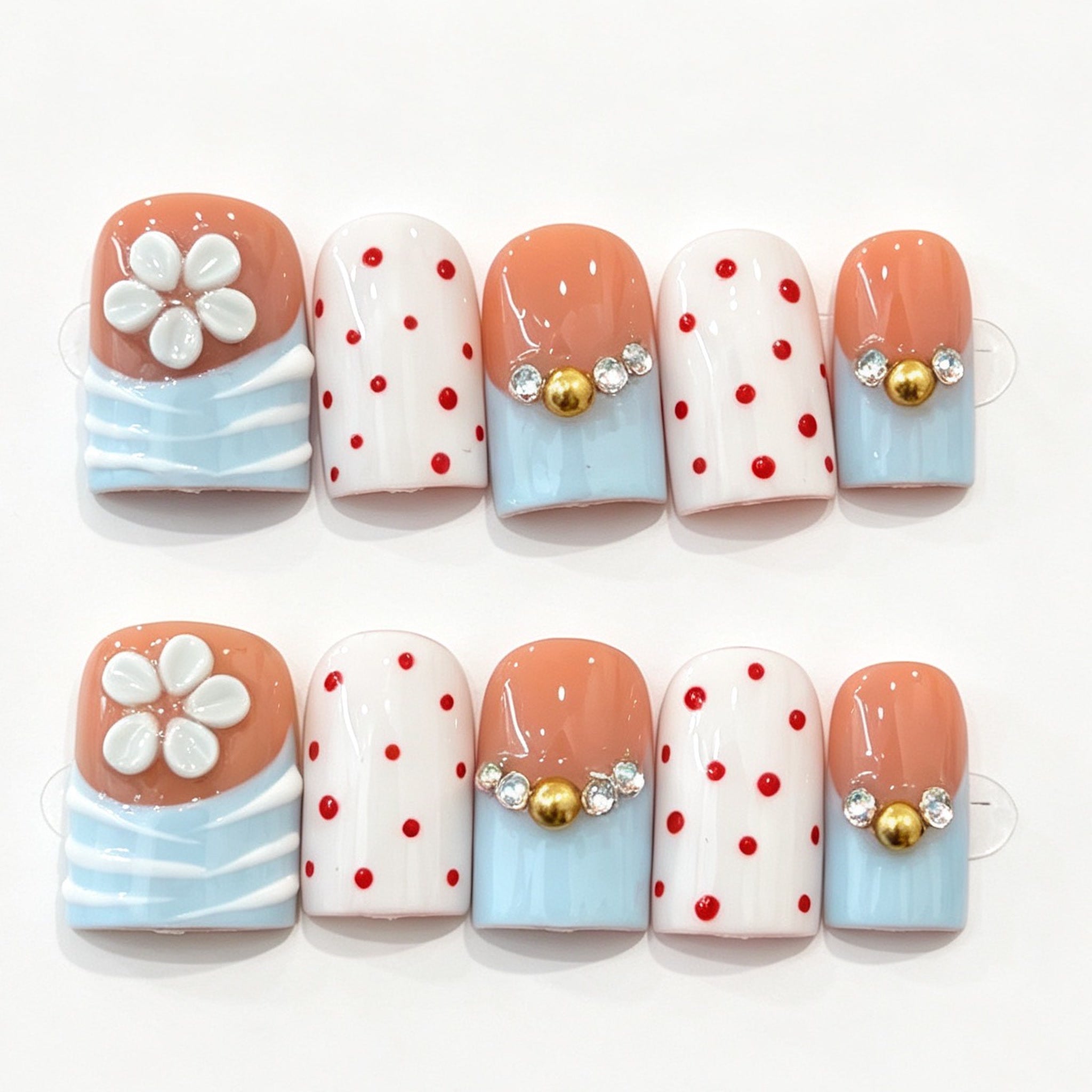 Blue White Floral Polka Dot Short Square Press-On Nails