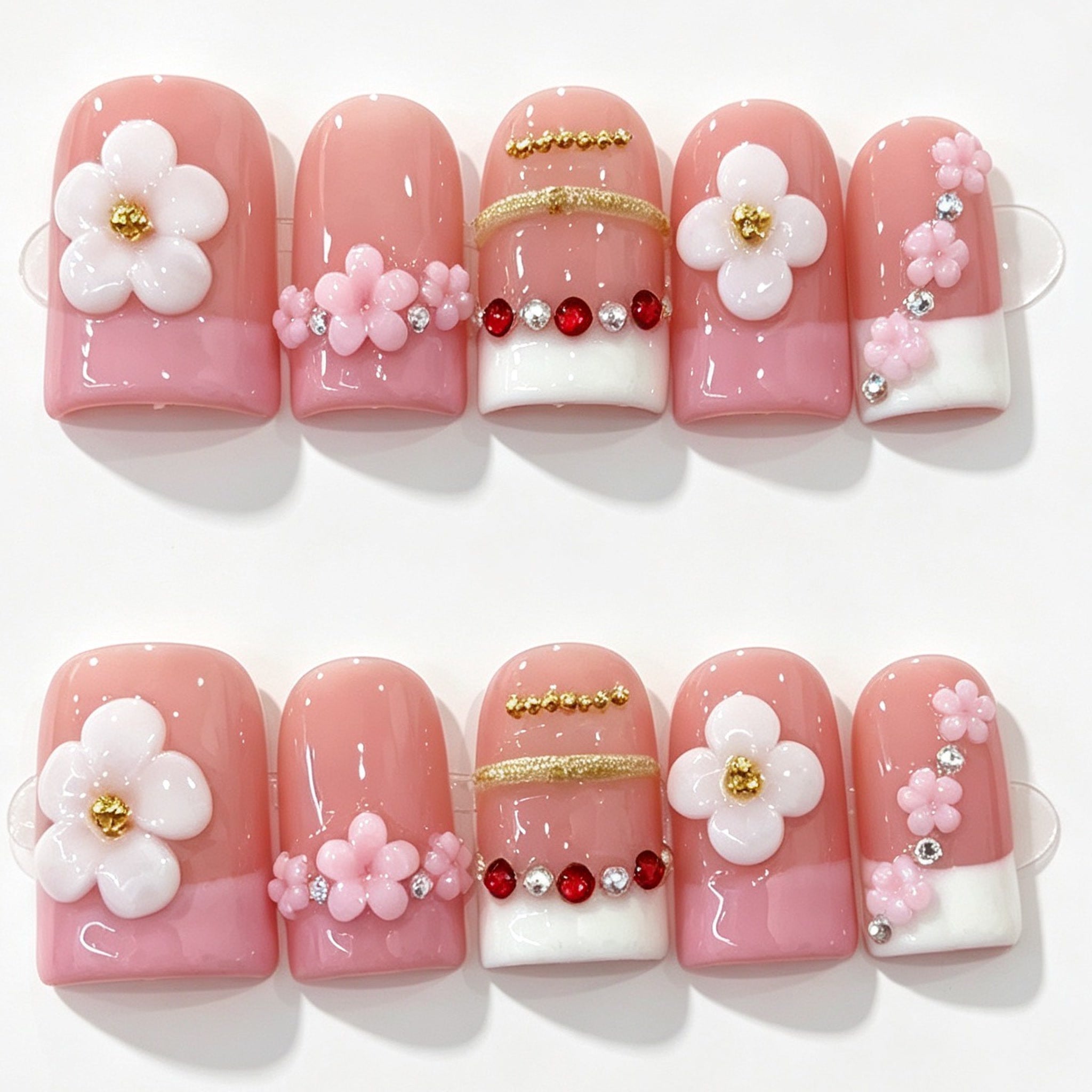 Pink White 3D Flower Pearl Short Square Press-On Nails
