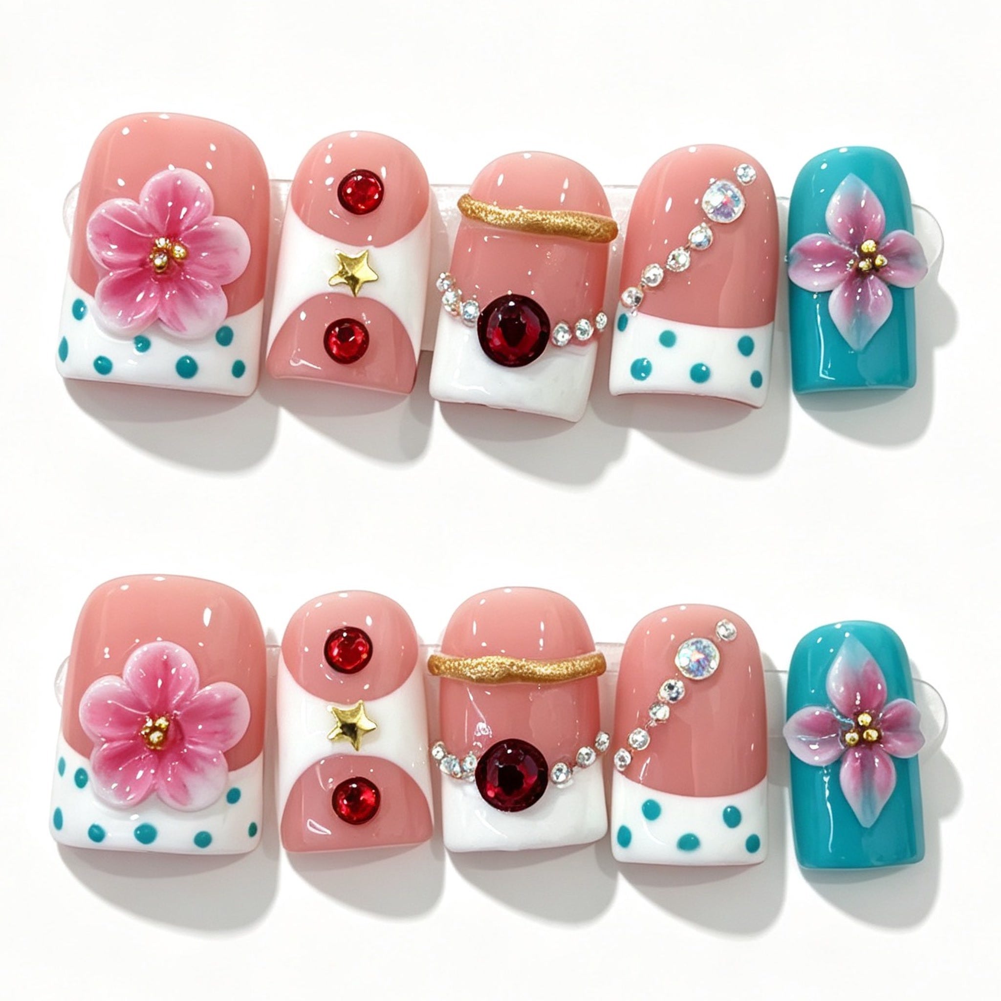 Pink Blue Flower Gem Short Square Press-On Nails