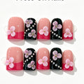 Black Pink Peach Flower Short Square Press-On Nails