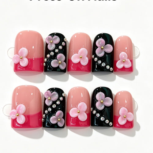 Black Pink Peach Flower Short Square Press-On Nails