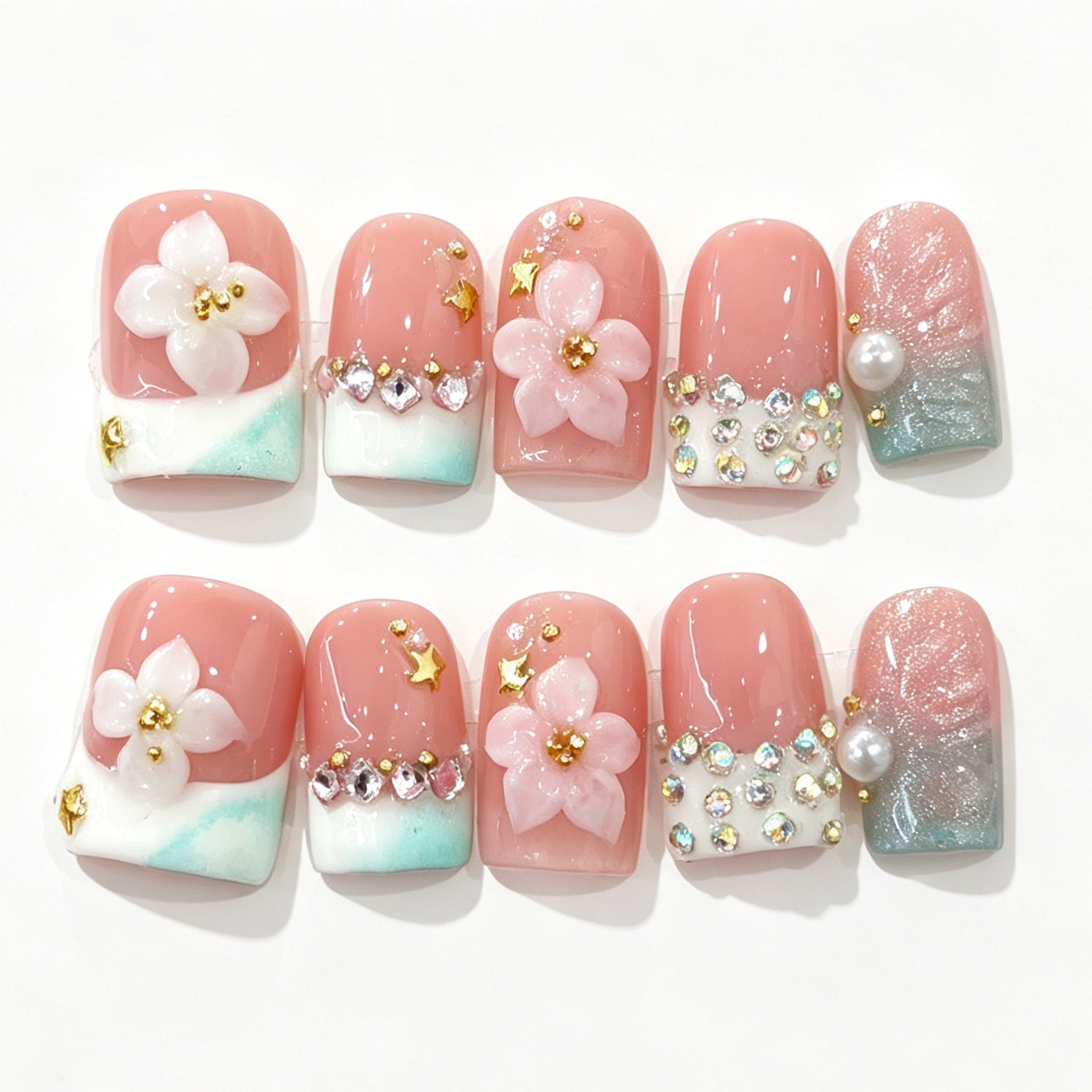 Pink White Flower Pearl Cat Eye Short Square Press-On Nails