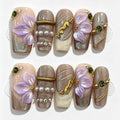 Nude Brown Purple Flower Almond Press-On Nails