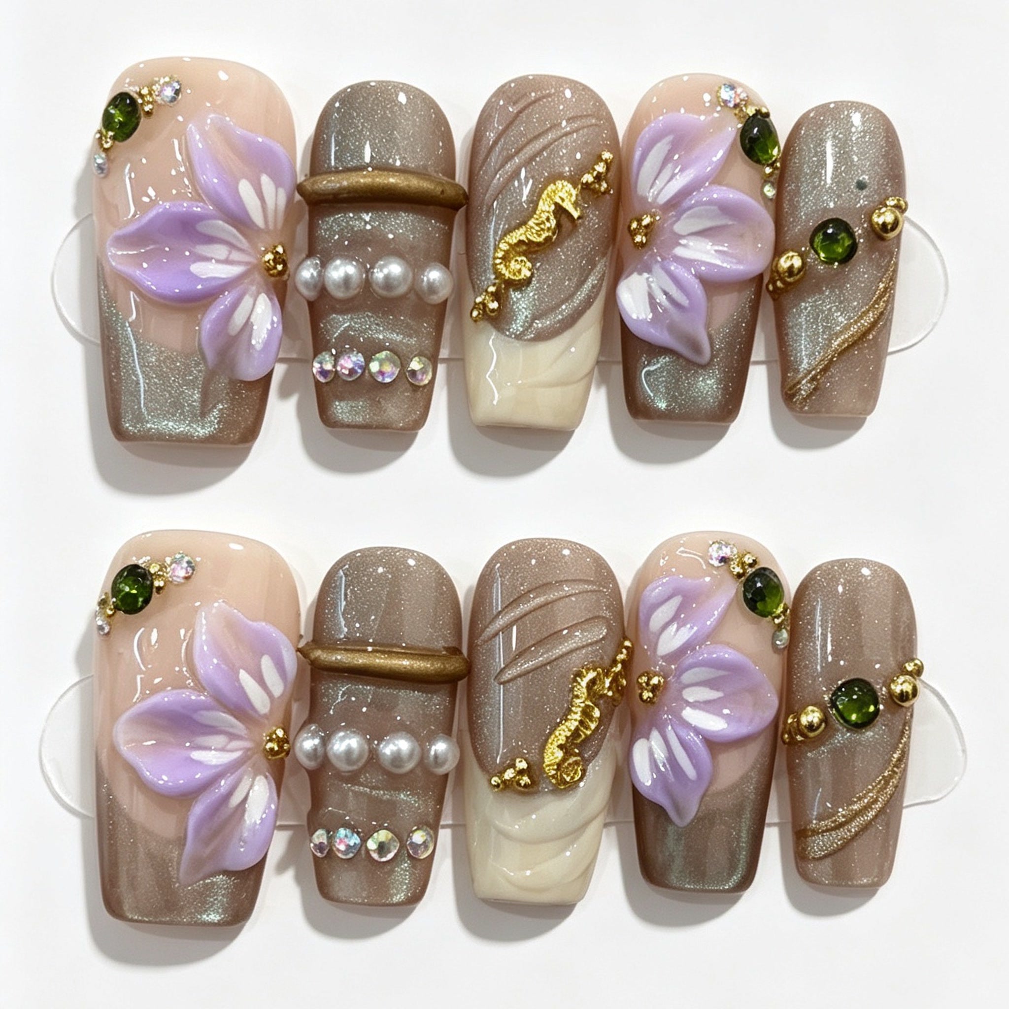 Nude Brown Purple Flower Almond Press-On Nails