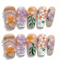 Floral Vine Orange Purple Almond Press-On Nails