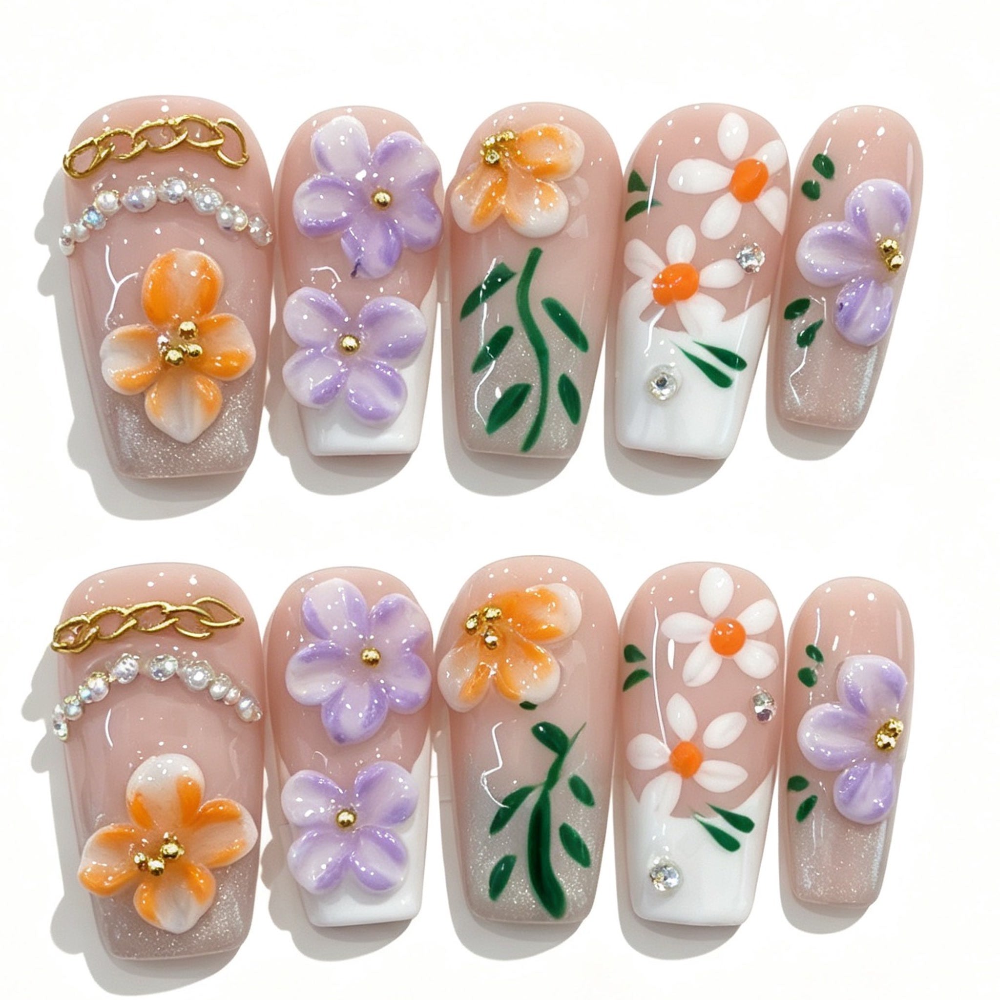Floral Vine Orange Purple Almond Press-On Nails