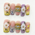 Yellow Green Floral Rhinestone Short Square Press-On Nails