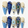 Blue White Polka Dot Long Almond Press-On Nails