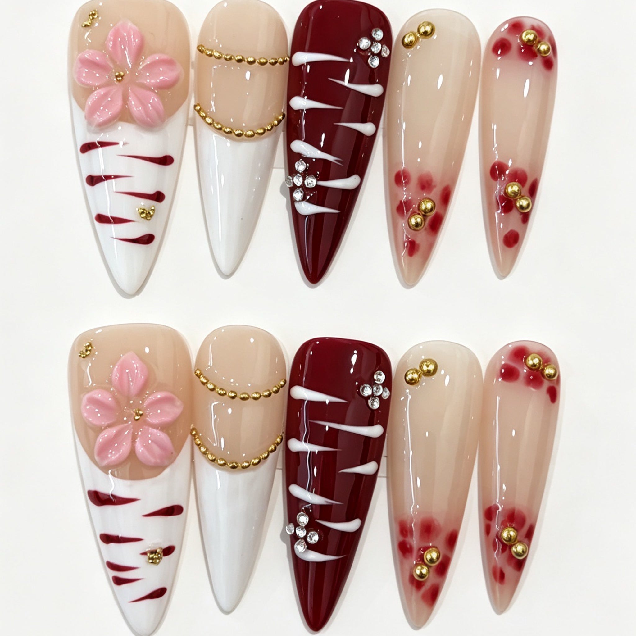 Red White Pink Flower Long Almond Press-On Nails