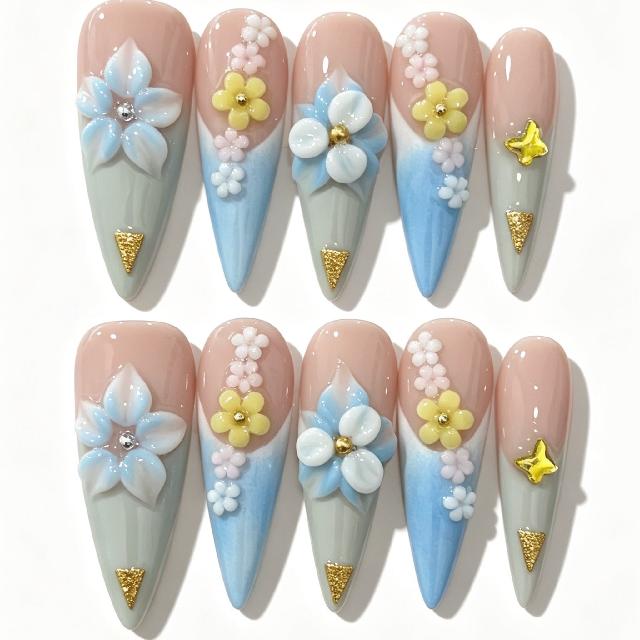 Blue Gradient 3D Flower Long Almond Press-On Nails
