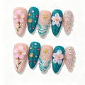 Teal Cat Eye Pink Flower Almond Press-On Nails