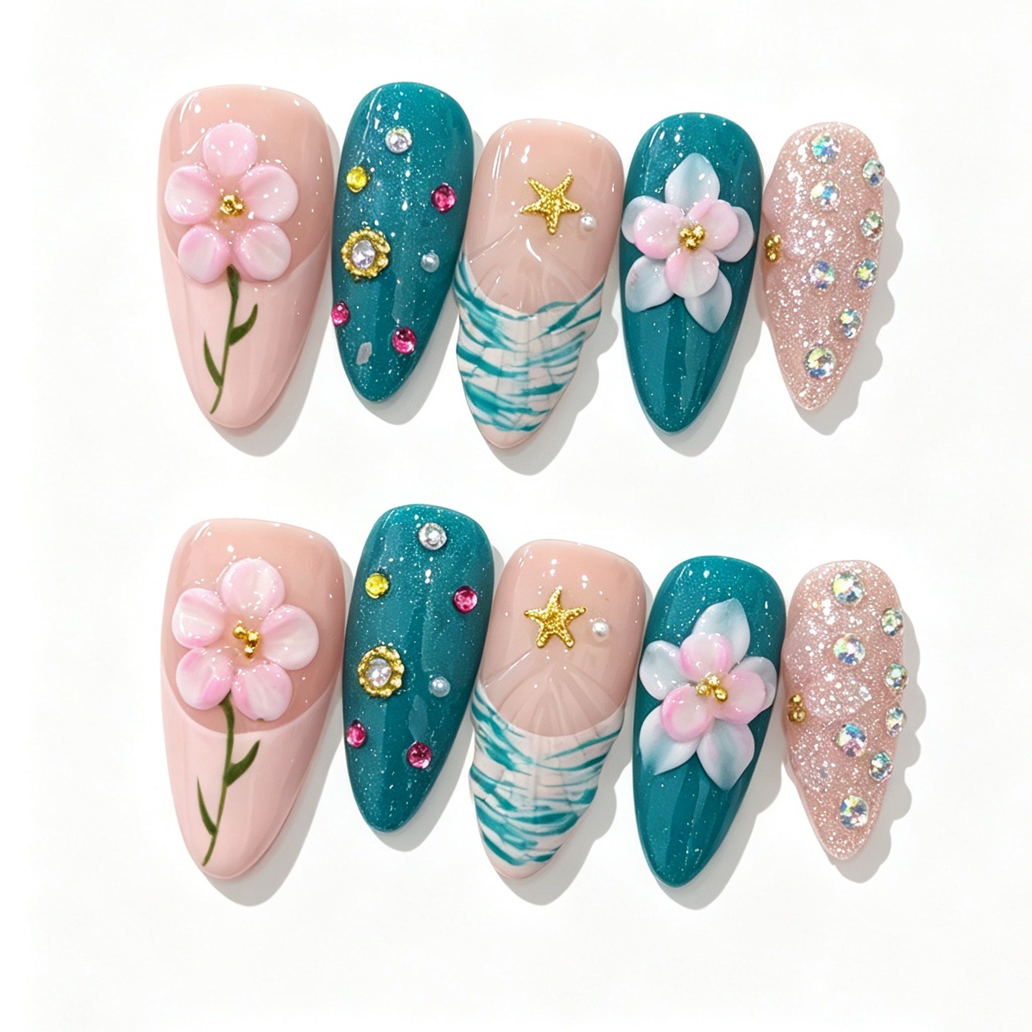 Teal Cat Eye Pink Flower Almond Press-On Nails