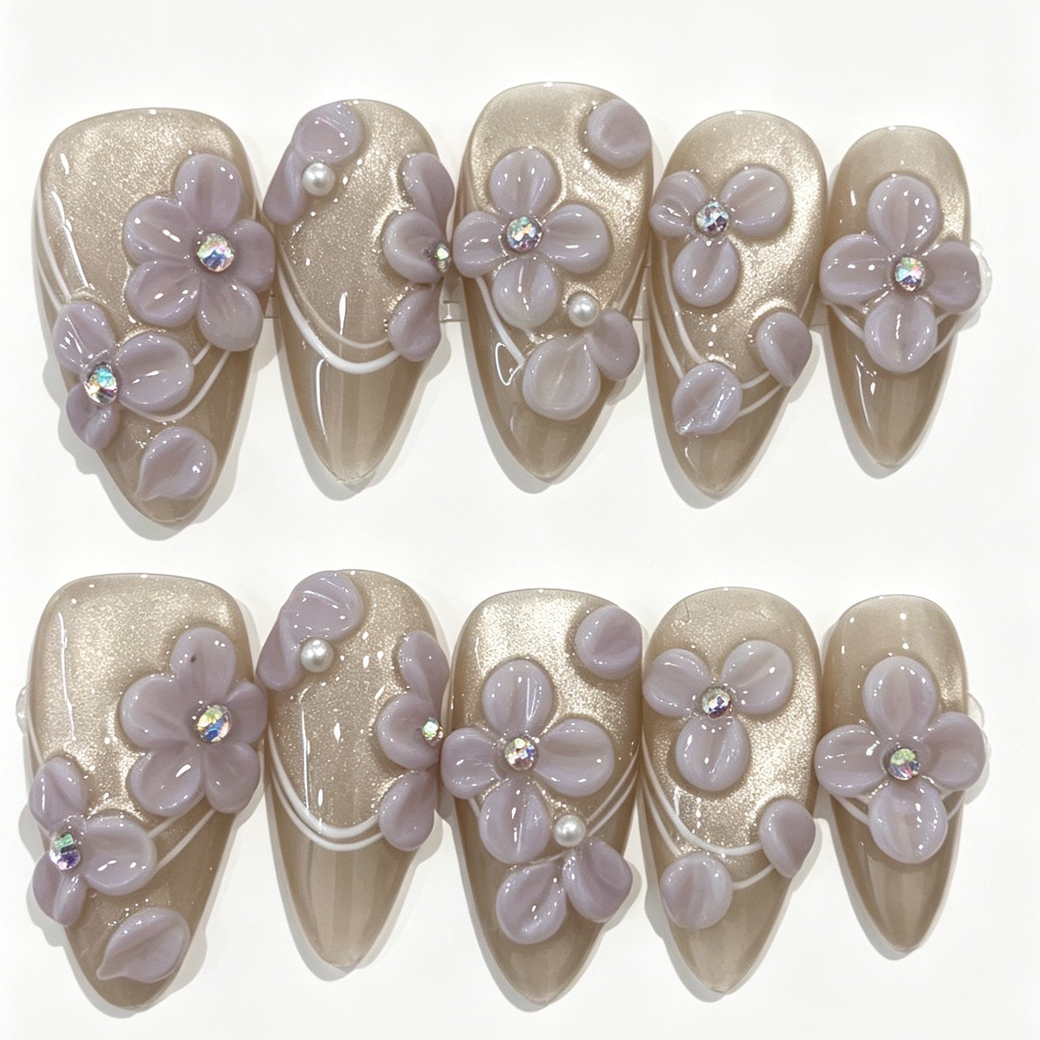 Mauve Gray 3D Flower Almond Press-On Nails