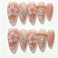Nude Pink White Flower Almond Press-On Nails