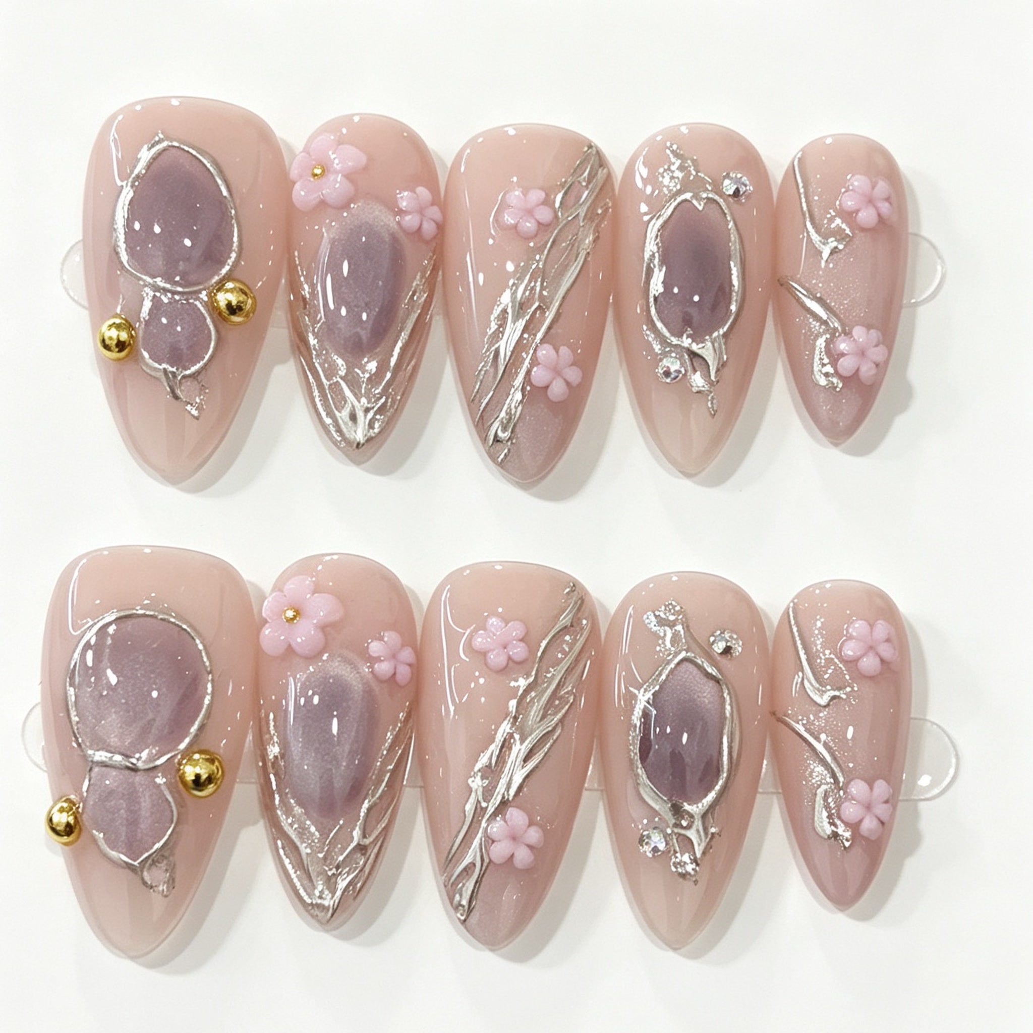 Nude Pink Purple Heart Almond Press-On Nails